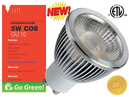 Best MR16 GU10 Base 120V Dimmable LED light bulb plus a FREE 5 YEAR Replacement Warranty. Best LED Light Bulb For Home Recessed Lighting. V-Lite is best in Savings, Long Life and Overall Quality of Light. 5W (50W Equivalent), 500 Lumens, 2700K Warm White LED Bulb, No Risk, 100% Money Back Guarantee.