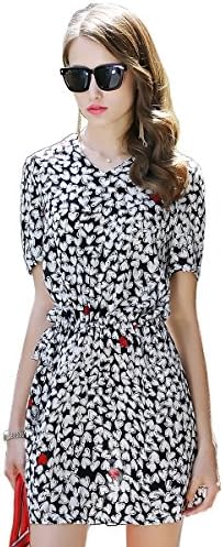 VoeeShion Women's Silk Short Sleeve Floral Skirt Dress in Regular Sizing