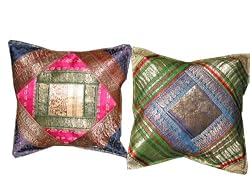 2 Hot Pink Green Paisley Vintage Sari Zari Borders Toss Cushion Covers Pillow Case