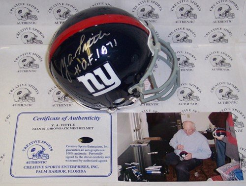 Y.A. Tittle Autographed/Hand Signed New York Giants Mini Helmet with HOF 77 Inscription