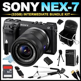 Sony NEX-7 24.3 MP Compact Interchangeable Lens Camera with 18-55mm Lens (32GB Intermediate Bundle Kit) includes Charger, Battery, 32GB SD Card, USB Card Reader, HDMI Cable, Full Size Tripod, Mini Tripod, Cleaning Kit