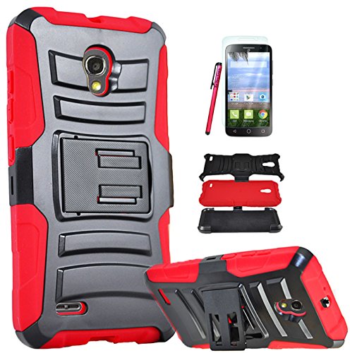 Alcatel One Touch Pop Icon 2 LTE A846L Armor Case, The3Knights[TM] Armor Shock Proof Heavy Duty Stand Cases with Swivel Belt Clip Cover + Stylus + Premium Screen Guard (RED)
