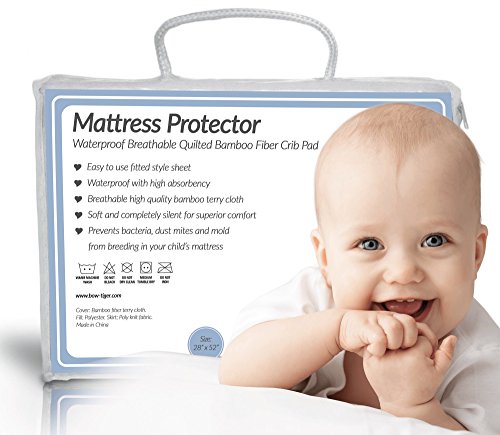 Quilted BAMBOO Waterproof Crib Mattress Protector by Bow-Tiger - Prevent Moisture & Dust Mites from Endangering Your Baby in Bed! Completely Silent & Extra Cozy Pad, Keep Your Baby Dry and Safe!