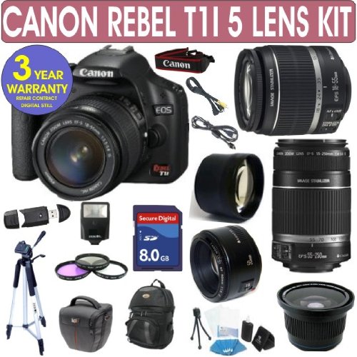 Canon Rebel T1i + Canon 18-55mm Lens + Canon 55-250mm Lens + Canon 50mm Lens + .40x Fisheye Lens + 2x Telephoto Lens + 3 Year Celltime Warranty Repair Contract
