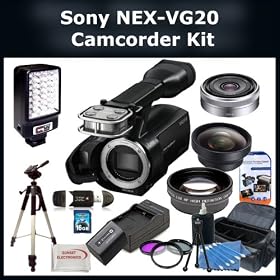 Sony NEX-VG20 Interchangeable Lens HD Handycam Camcorder (Body Only) + Kit - Includes: Video Light, E-Mount SEL16F28 16mm f/2.8 Wide-Angle Lens, 0.45x Wide Angle Lens, 2x Telephoto Lens, Full Size Tripod, 3 Piece Filter Set (UV-FLD-CPL), Replacement NP-FV100 Battery Pack, Rapid Travel Charger, 16GB 