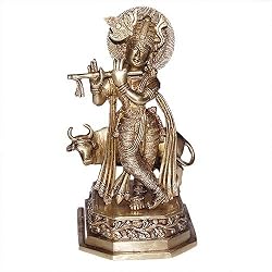 Religious Statues Lord Krishna Brass Sculpture 10 x 5.25 x 5 inches