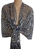 IMAGE OF Sheer Silver Sequin Fringed Evening Wrap Shawl for Prom Wedding Formal