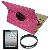 Skque Cute Pretty Hot Pink 360 Rotating Leather Case + lcd Screen Protector for Apple Ipad 2nd Gen 16GB 32GB 64GB, Retail Package