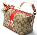 AUTHENTIC COACH HERITAGE STRIPE SMALL/COSMETIC TOP HANDLE POUCH 41115 (Khaki/Geranium)