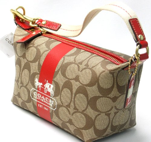 COACH HERITAGE STRIPE SMALL TOP HANDLE POUCH 41115 (Khaki/Geranium)