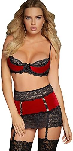 Women's Red Sexy Velvet Bra Thong Garter Set Women Lingerie Set