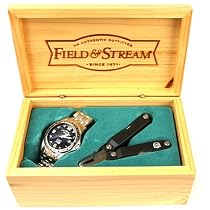 Field and Stream Mens Watch and Mini Tool with 7 Functions Wood Box Gift Set