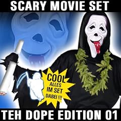 Scream Scary Movie Set "Crazy" Original Kino Lizenz Latex Maske, Scream Horror Kutte, Hanf Halskette, Riesen Joint und schwarze Handschuhe Kult Kino Mega Halloween Horror Kost�m Schocker Set f�r Erwachsene (unisize) - All inclusive Freaky Ghosface Stab Wahnsinn im Exklusiv Horror Whazzzuuuuuup... Megaset Limited Edition Release
