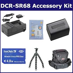 Sony DCR-SR68 Camcorder Accessory Kit includes: SDNPFV70 Battery, SDM-109 Charger, SDMSPD4096 Memory Card, ST60C Case, ZELCKSG Care & Cleaning, GP-22 Tripod