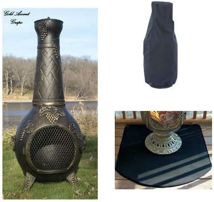 Blue Rooster Grape Style Wood Burning Outdoor Metal Chiminea Fireplace Gold Accent Color with Large Cover and Half Round Fire Resistent Chiminea Pad