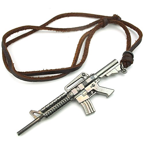 KONOV Mens Army Style Gun Pendant Adjustable Leather Cord Necklace Chain, Brown