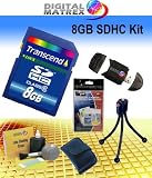 Transcend 8GB SDHC Class 6 Starter Kit. Kit Includes Transcends High-Speed Class 6 SDHC, Tabletop bendable Wire Tripod, SD/SDHC USB Card Reader/Writer, LCD Protection Film Kit, Lens cleaning Kit and Memory Card wallet.
