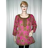 Womens Crepe Designer Brink Pink and Floral Print Cream Base Top Casual Tunic Indian L