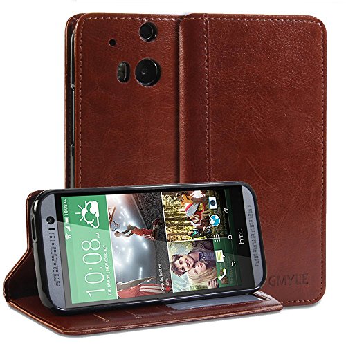 HTC One M8 Case, GMYLE(R) Wallet Case Simple for HTC One M8 - Brown Crazy Horse Pattern PU Leather Protective Folio Slim Fit Wallet Stand Case Cover (with 3 card slots and money pocket)