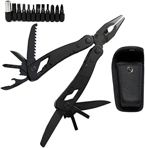 Superclub Black Durable Foldable Stainless Steel Multitool Pocket Knife Plier Screwdriver Tool Set Kits with Diverse Screwdriver Heads Nylon Sheath for Home Camping Hunting Survival Emergency Use