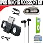 7 pc. Accessory kit for iPod Nano 1g. Includes Black portable stereo speaker w/cable Car FM Transmitter w/power cable Black Mini soft Earbuds Reusable Pre-Cut Screen Protector and a DBROTH Microfiber Cleaning Cloth