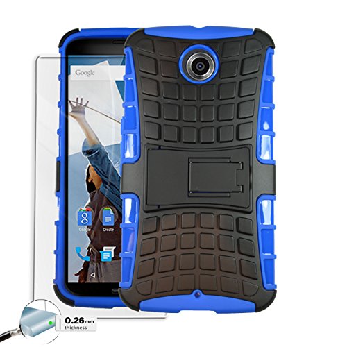Moto Nexus 6 Case Rugged Dual Layer [Tempered Glass 0.26 mm Screen Protector] Heavy Duty Kickstand Cover for Motorola Nexus 6 Nexus X Nexus X Pro 2014 Edition - (Blue)