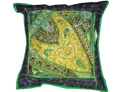 Gift for Her-green Ethnic Indian Sari Beaded Decorative Floor Pillow 24 Inches