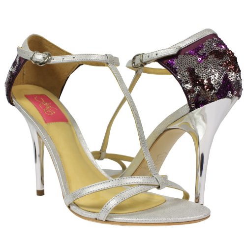 MS Shoe Designs Nina Stone Silver T-Strap Evening Pump Heel