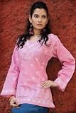 Pink Colour V-neck Bell Sleeve Saree Border Flower Embroidery Ladies Kurta Kurti