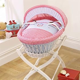 Izziwotnot Hide Away Bay Wicker Moses Basket, White, Red Dressing