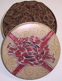 Scott's Cakes Mini Chocolate Covered Pretzels in a Large Red Bow Tin