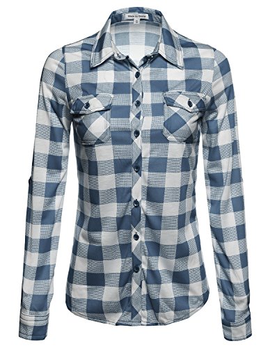 MBE Women's Basic Classic Lightweight Collar Plaid Button Down Shirt