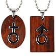 Stainless Steel Natural Redwood Couples Men and Women Symbol Pendant Necklace Set 16"/20-24"