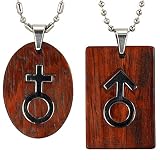 Stainless Steel Natural Redwood Couples Men and Women Symbol Pendant Necklace Set 18"/20-24"