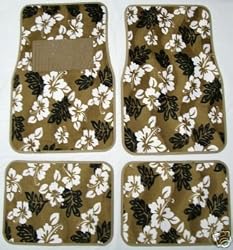 - 	 Tan Beige Hawaiian Hibiscus Carpet Front & Rear Car Truck Floor Mats