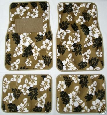 Tan Beige Hawaiian Hibiscus Carpet Front & Rear Car Truck Floor Mats