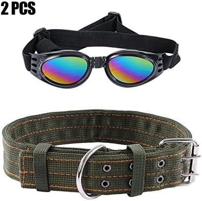 Dog Collar,Pet Dog Army Green Nylon Fabric Belt Strap Adjustable Collar and Dog Sunglasses for Medium and Large Pet,2PCS