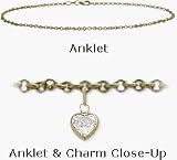 10 Karat 10 Yellow Gold Belcher Style White Stone Heart Charm Anklet