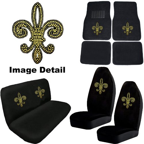 Fleur De Lys French Cross Gold Gem Crystal Studded Rhinestone Bling Car Truck SUV Floor Mats Bucket & Bench Seat Covers - Combo Kit Gift Set - 8PC