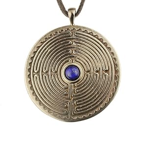 Labyrinth Peace Bronze Pendant Necklace with 6mm Lapis Lazuli Gemstone on Adjustable Natural Fiber Cord