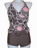 Marina West Women's Boyshorts Swimsuit, Two Piece, Halter Tankini with Boy Shorts, Brown/coral Print