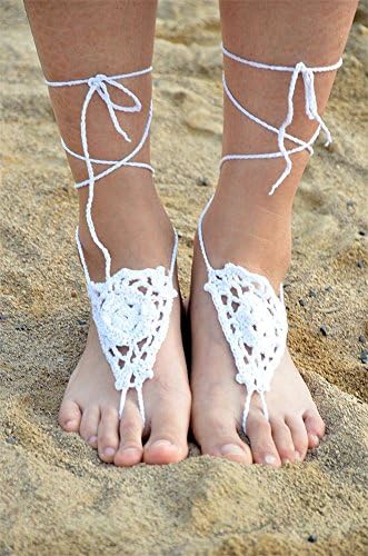 Longil Women Cotton Flower Crocheted Barefoot Sandal Handcrafted Jewelry Anklets (White)