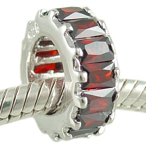 January Garnet Red Birthstone Baguette CZ and 925 Sterling Silver Spacer Bead fits European Charm Bracelet