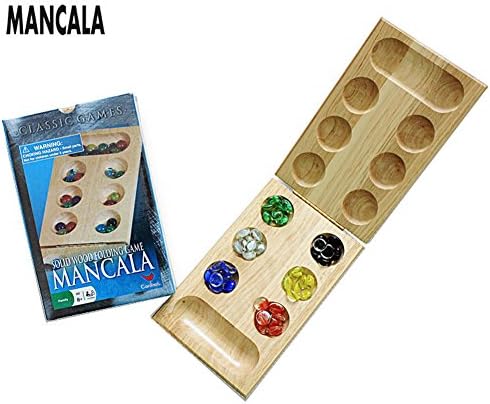 Travel Solid Wood Folding Mancala Game (African Stone Game) - Includes Assorted Colored Glass Stones