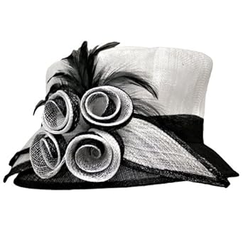 Black & White Fancy Church Hat With Four Flowers & Feathers