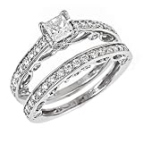 Natural Princess Brilliant Cut Diamond Engagement Ring Matching Wedding Band Bridal Set Filigree Style 14K White Gold (1 1/2 Carats, VS-1 Clarity, F Color)