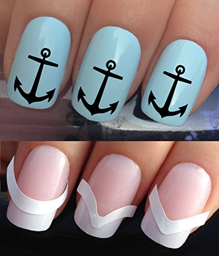 NAIL DECALS WATER TRANSFERS STICKERS TATTOO ART SET #298 & 172. **plus x48 nail tip guides!!** x24 BLACK SHIP BOAT NAUTICAL SAILORS ANCHOR TATTOO WRAPS & x48 FRENCH MANICURE TIP GUIDES! CAN BE USED WITH NATURAL GEL ACRYLIC STICK ON NAILS! OR WITH GLITTER DUST CAVIAR BEADS ALLOYS DECORATIONS CONFETTI FIMO SHAPES TAPE PENS RHINESTONES!