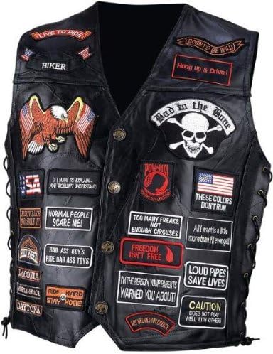 Mens Buffalo Leather Biker Vest W/42 Patches-Xl * Rock Design. Features Genuine Brass Buffalo Nickel Snaps With Antique Finish; Lace-Up Sides; 2 Interior Zippered Pockets; And 42 Patches On Front And