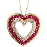14k Gold 18 in. Chain & 13/16 in. (20mm) tall Diamond Heart Cut Out Pendant, w/ 0.25 Carat Brilliant Cut Diamonds & 2.00 Carats Princess Cut Ruby Stones