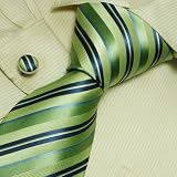 Green Striped Tie for Men Forestgreen Stripes Birthday Gifts Fashion Silk Neck Ties Cufflinks Set 6577